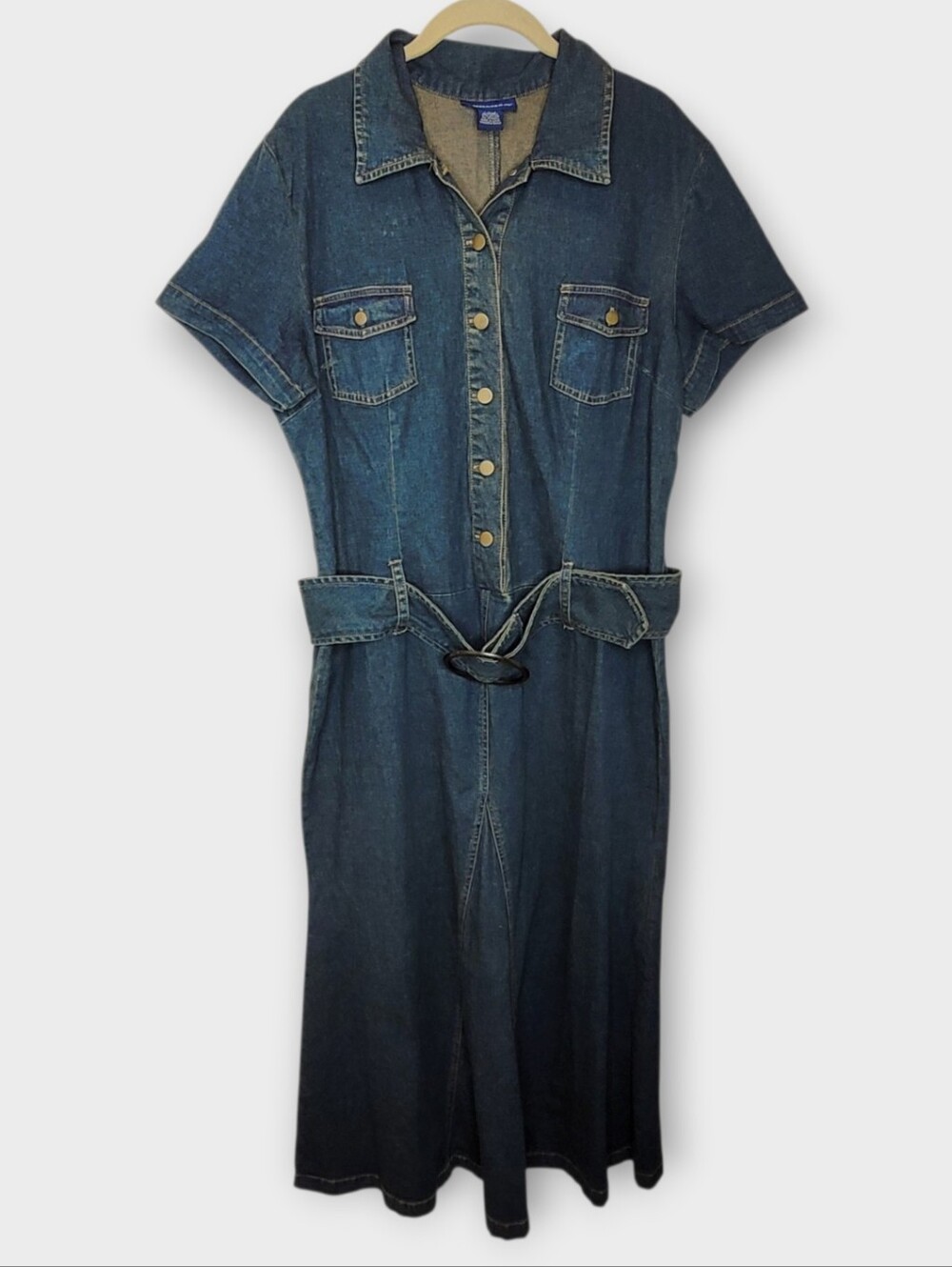 Vtg 90s Forenza Denim Belted Shirtdress XL Dark Blue Stretch